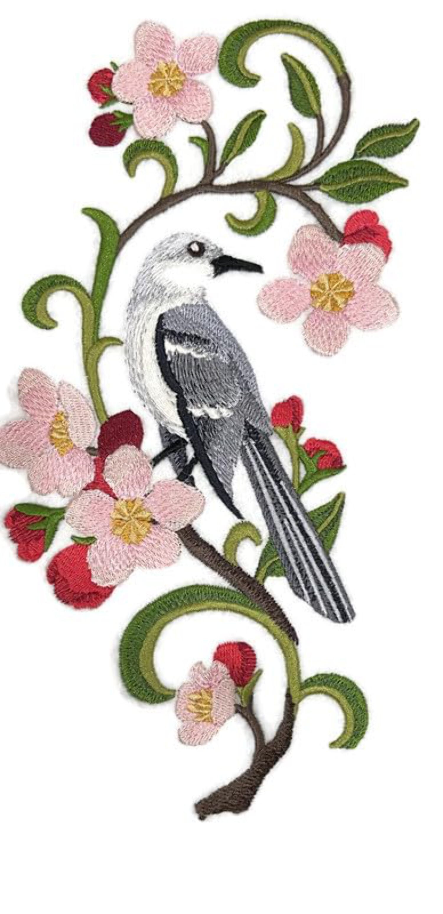 Beyond Vision Custom Arkansas Mockingbird and Apple Blossom Medley Embroidery Iron On/Sew Patch (4.98" x 9.4")