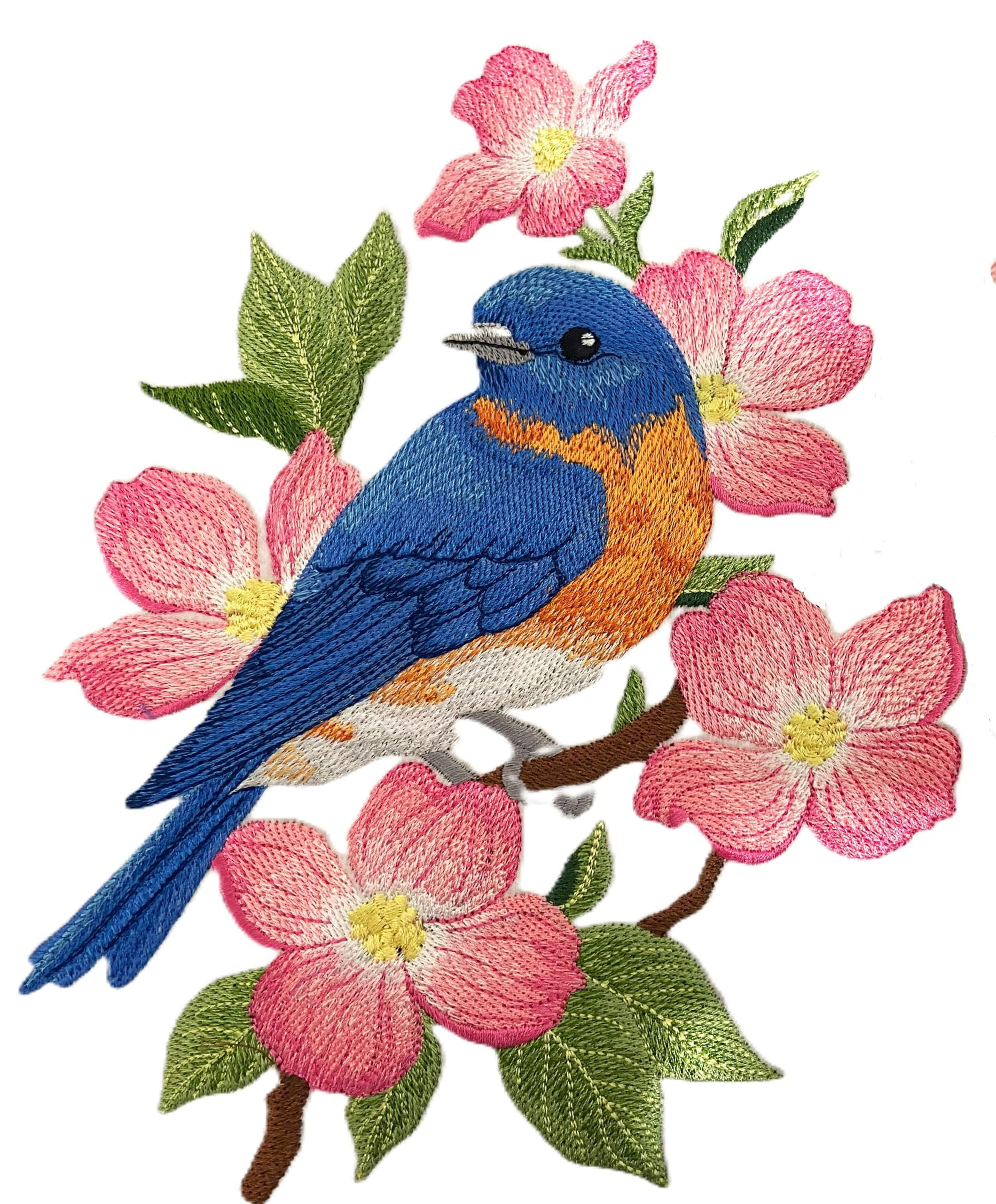 Beyond Vision Custom Bird Beautiful Bluebird in Blooms Embroidery Iron On/Sew Patch (6.9" x 8.65")