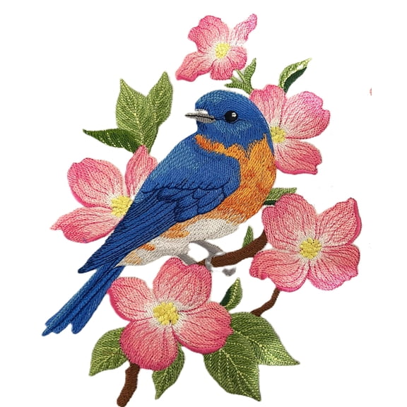 Beyond Vision Custom Bird Beautiful Bluebird in Blooms Embroidery Iron On/Sew Patch (6.9" x 8.65")