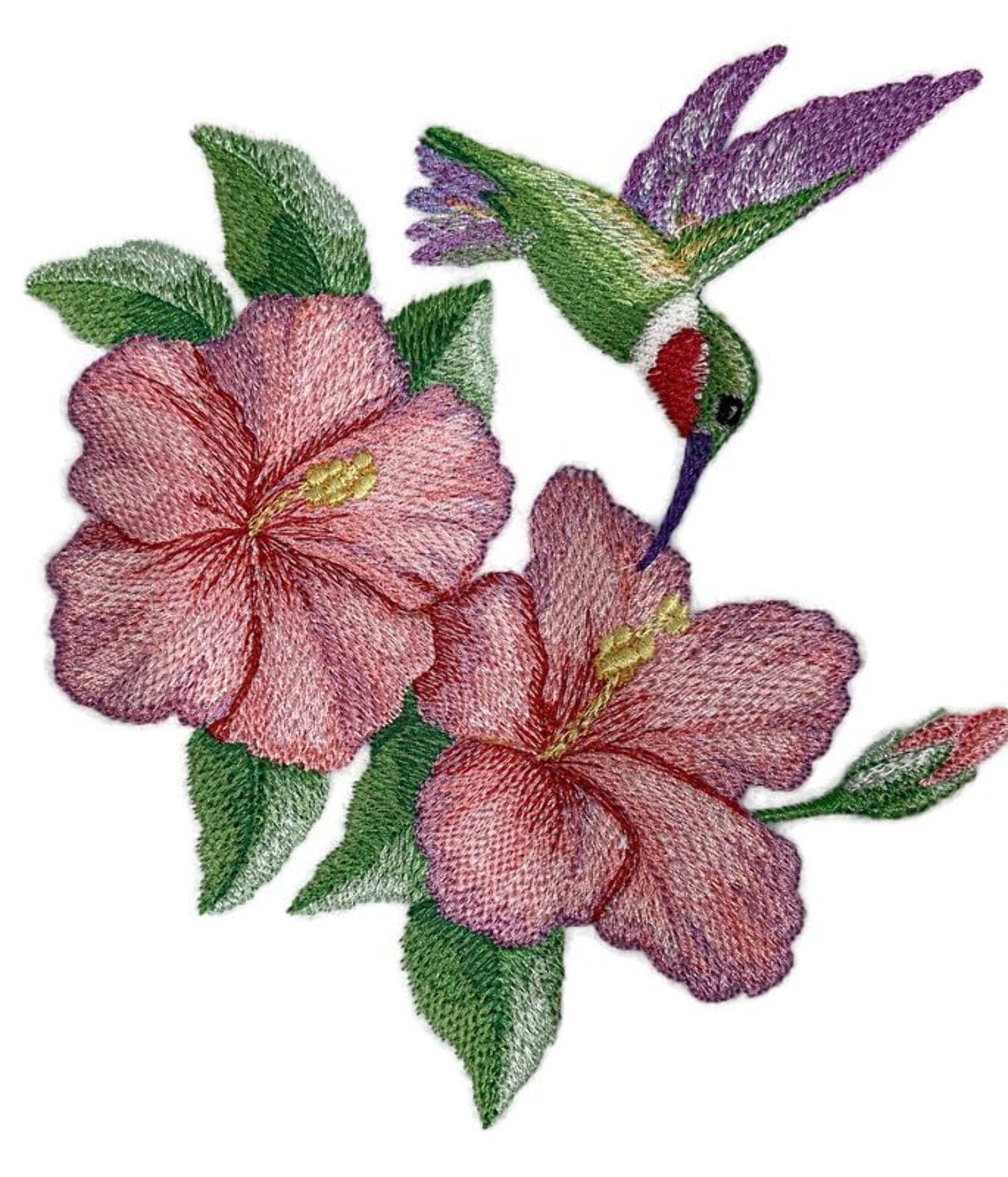 Beyond Vision Custom Bird Calming Hummingbird and Hibiscus Embroidery Iron On/Sew Patch (6.24" x 5.85")