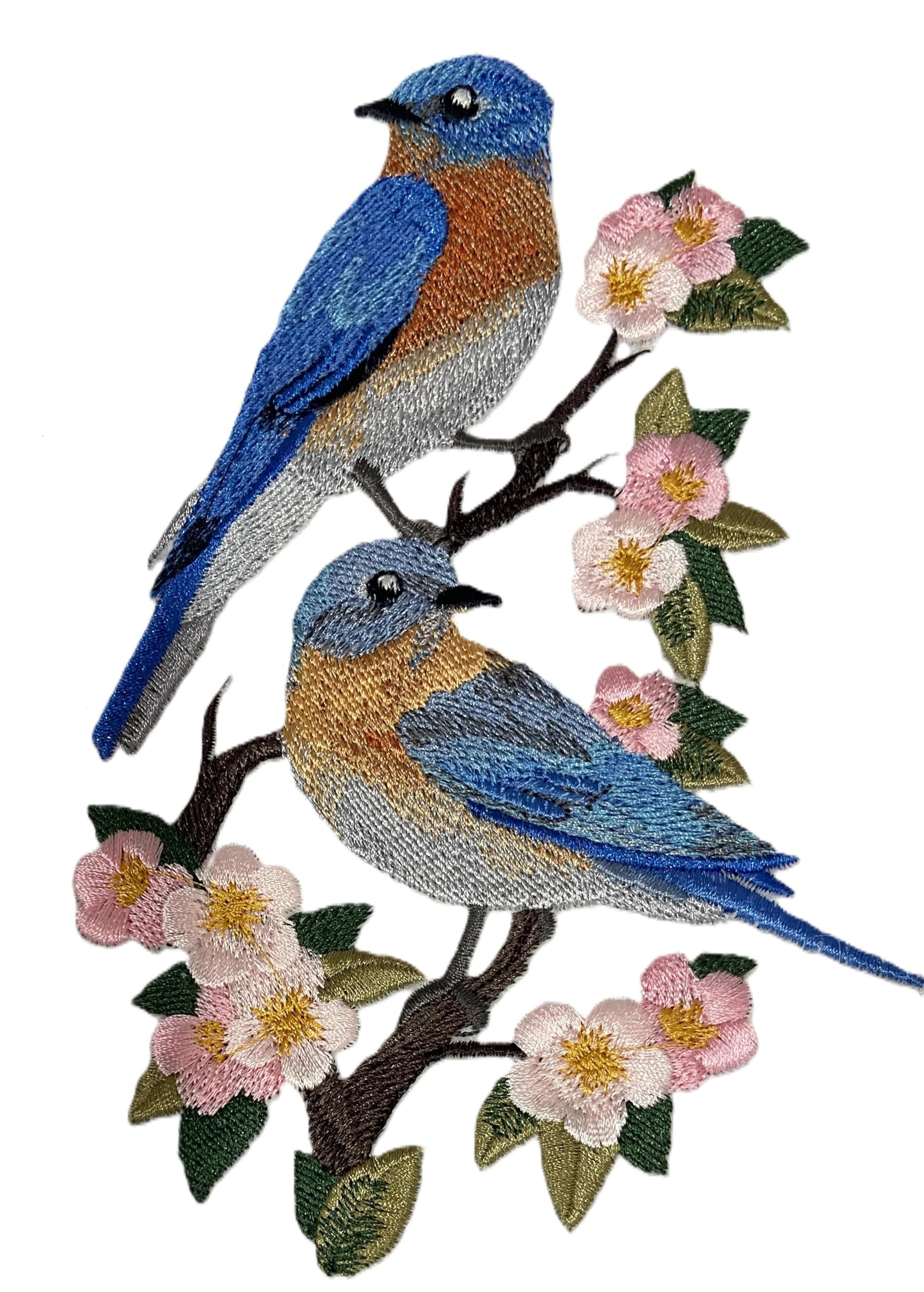 Beyond Vision Custom Bird Eastern Bluebirds and Blossoms Embroidery Iron On/Sew Patch (4.53" x 6.85")