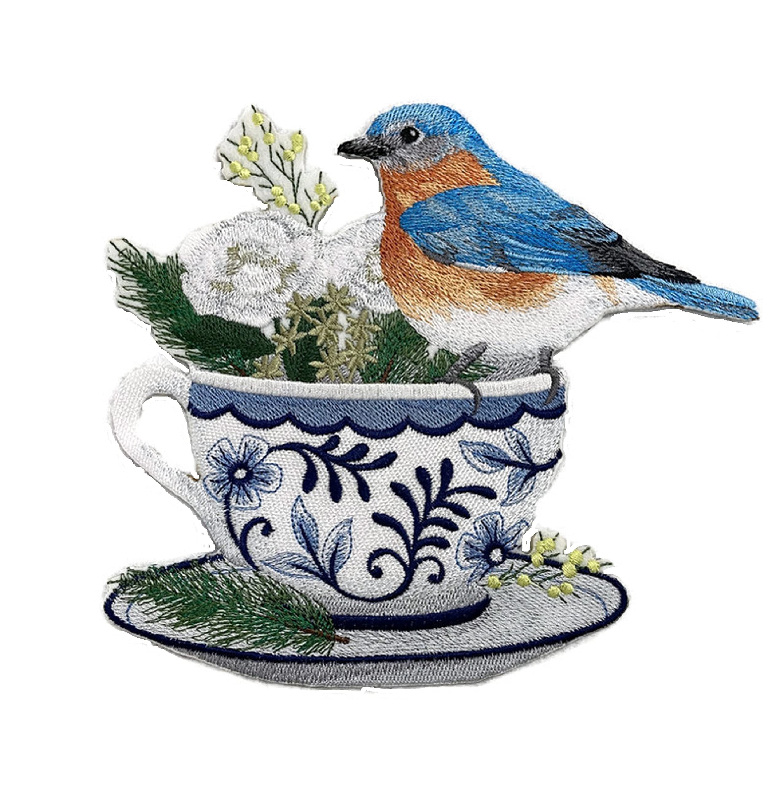 Beyond Vision Custom Birds [Bluebird and Cozy Coffee ] Embroidered Iron on/Sew Patch (7.62" x 6.89")