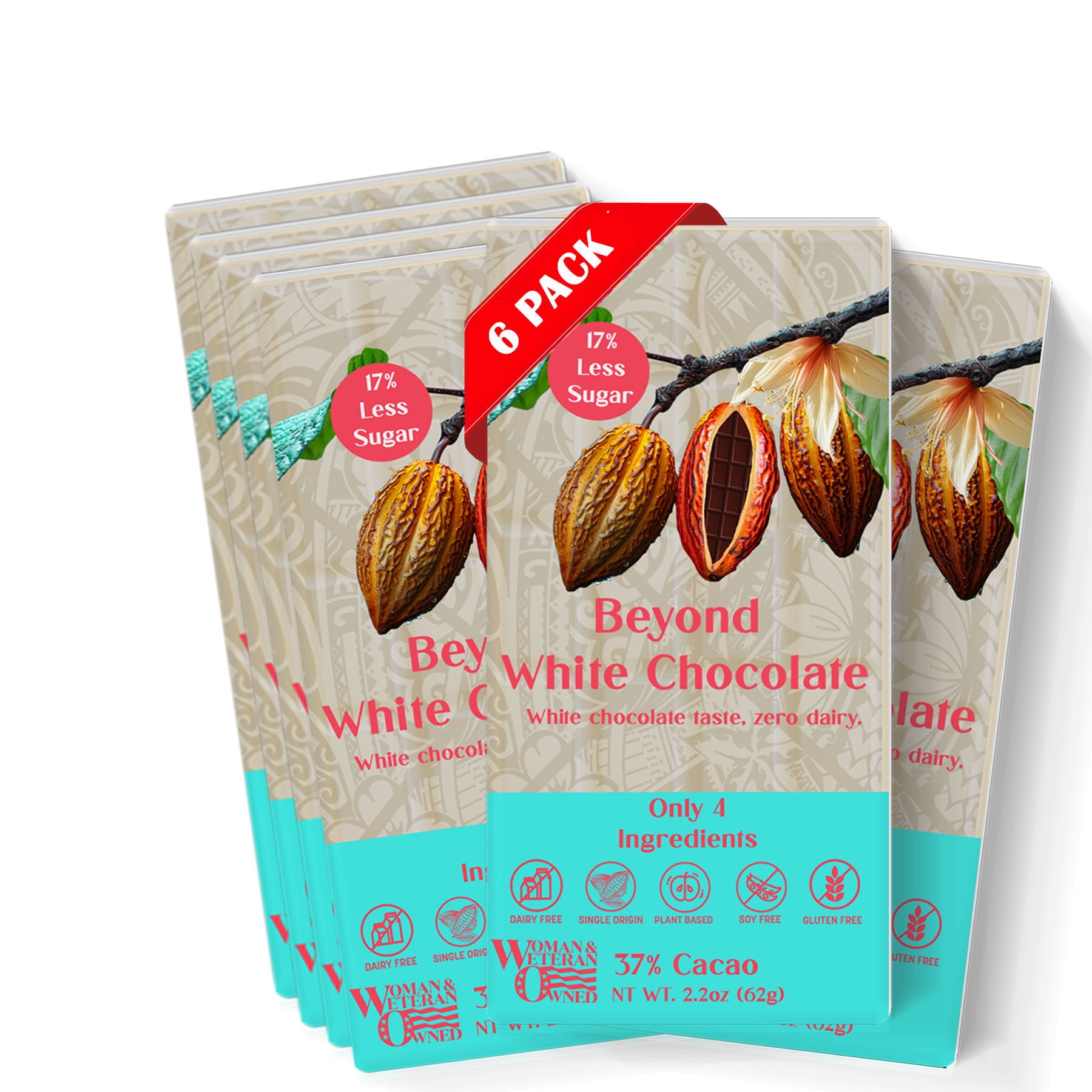 Beyond White Chocolate Bar - Dairy-free | 2.2 Ounce (Pack of 6) | Organic, Low Sugar, 37% Cacao, Plant Based, Dairy Free, Gluten-Free | Single Origin