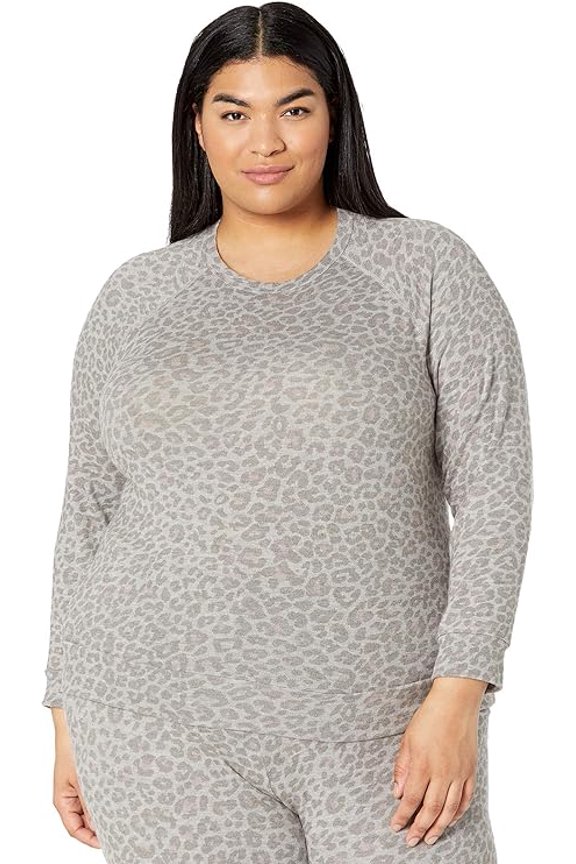 Plus Size Favorite Raglan Crew Pullover Chai Cocoa Brown Leopard 2X