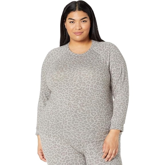 Beyond Yoga Plus Size Favorite Raglan Crew Pullover Chai Cocoa Brown Leopard 2X