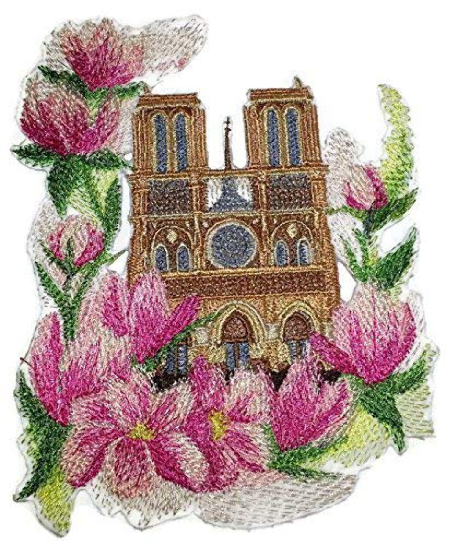 BeyondVision Custom and Unique Blooms and Butterflies [Notre Dame and Magnolias in Watercolor] Embroidered Iron on/Sew Patch [6.8" 4.86"] [Made in USA]