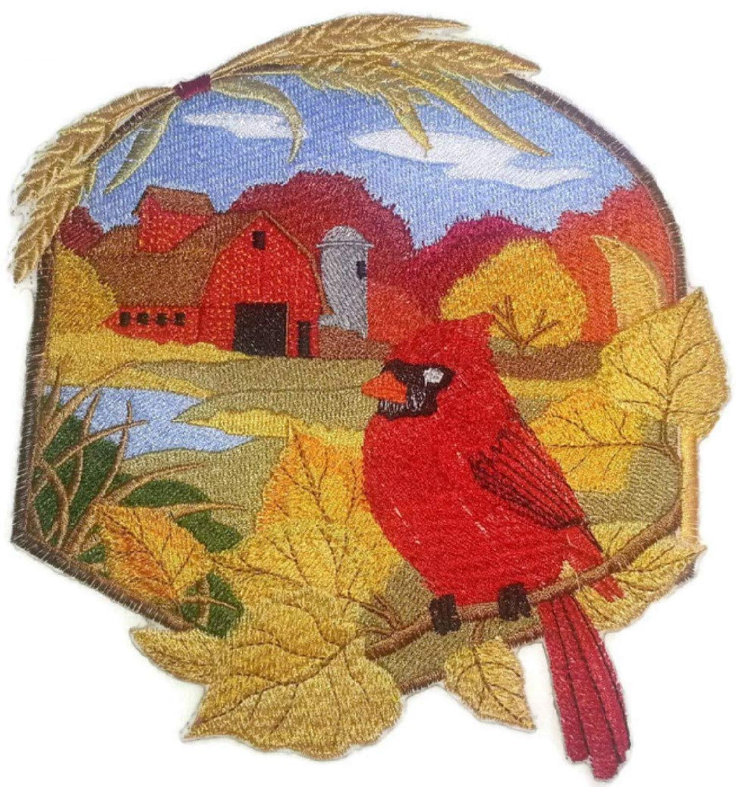 BeyondVision Custom and Unique Country Autumn Cardinal and Barn Embroidered Iron on/Sew Patch [6.91" 7.21"]