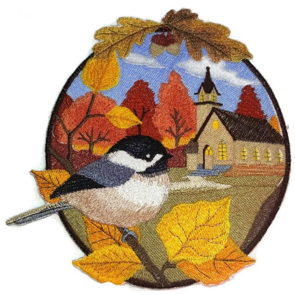 BeyondVision Custom and Unique Country Autumn Chickadee and Church Embroidered Iron on/Sew Patch [6.91" 7.2"]