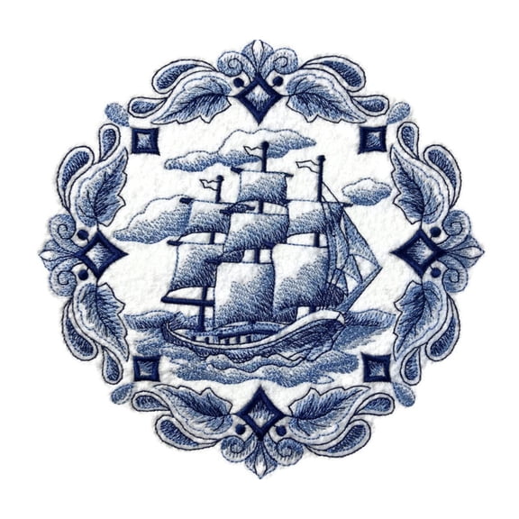 BeyondVision Custom and Unique Shades of Blue[ Delft Blue Tall Ship ] Embroidered Iron on/Sew Patch [6.89" 6.89"]