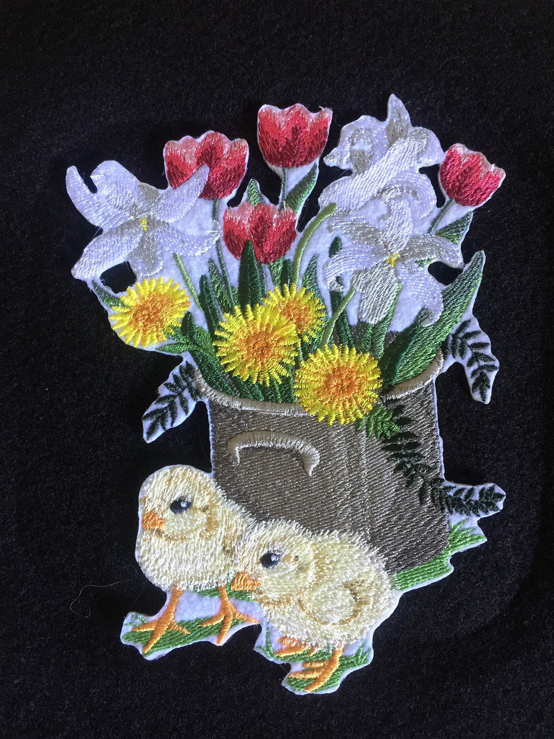 BeyondVision Custom and Unique Spring Blooms Flower with Vase[ Spring Stitches Chicks ] Embroidered Iron on/Sew Patch [6.37" 4.86"]