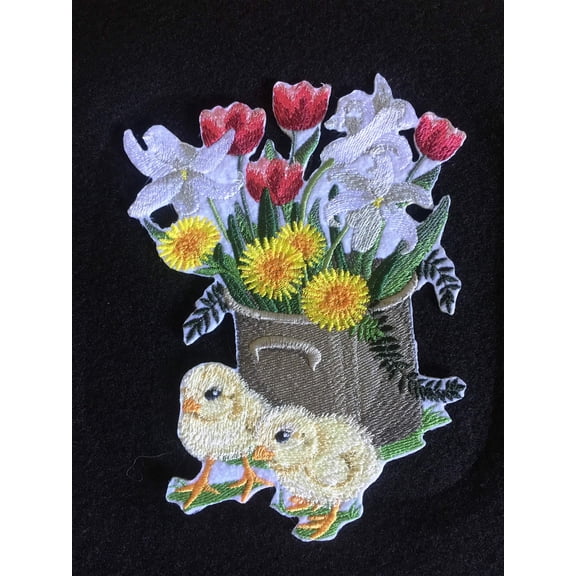 BeyondVision Custom and Unique Spring Blooms Flower with Vase[ Spring Stitches Chicks ] Embroidered Iron on/Sew Patch [6.37" 4.86"]