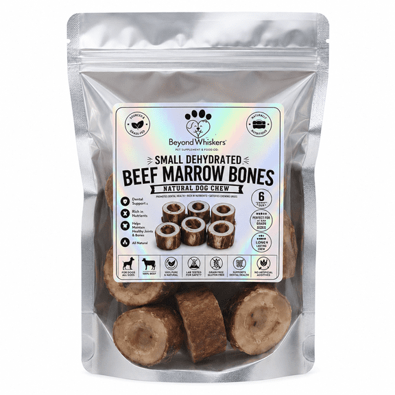 BeyondWhiskers Small Dehydrated Beef Marrow Bones for Dogs, 2-3 Inch Single-Ingredient Chews, (6 count)