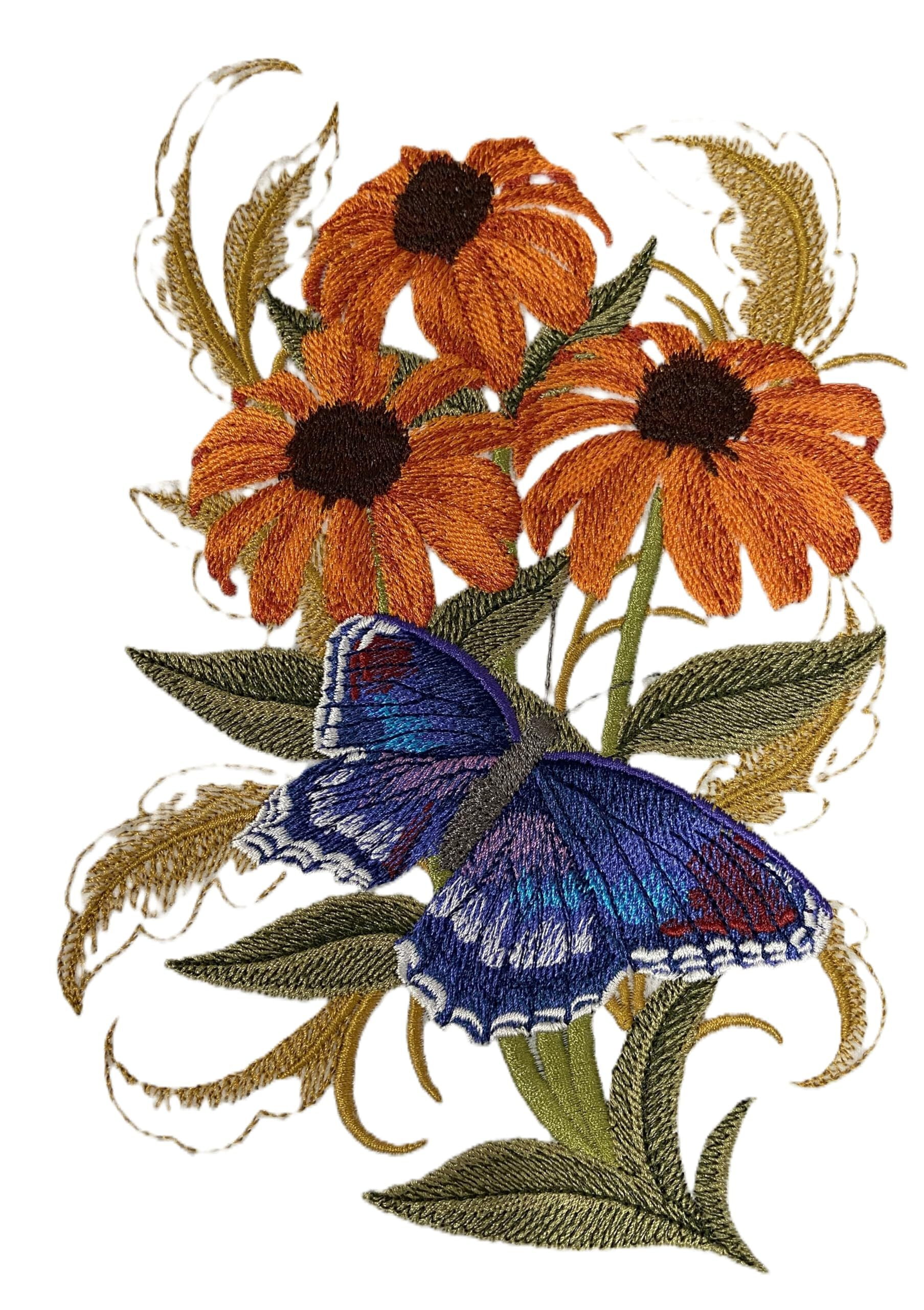 Beyondvision Custom Red Spotted Butterfly and Cone Flowers Embroidered Iron on/Sew Patch (5.53" x 7.78")