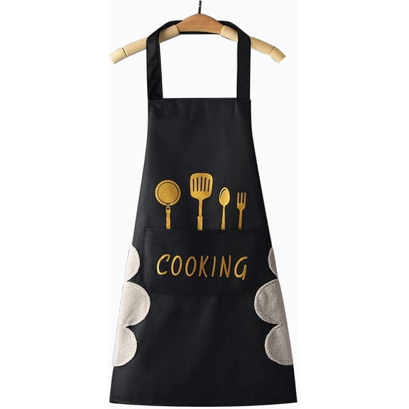 Beyong 2 Pack Kitchen Apron with Hand Wipe,Water-drop Resistant Aprons for Women,with 2 Pockets Cooking Bib Men Chef(Black & White)