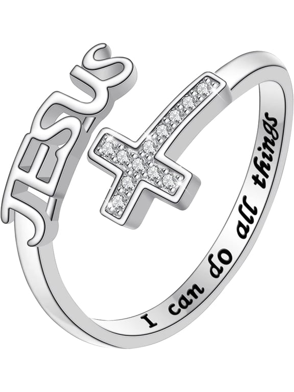 Beyong Inspirational Scripture Engraved Open Ring, Inlaid Crystal Cross & JESUS Letter Christian Faith Adjustable Ring