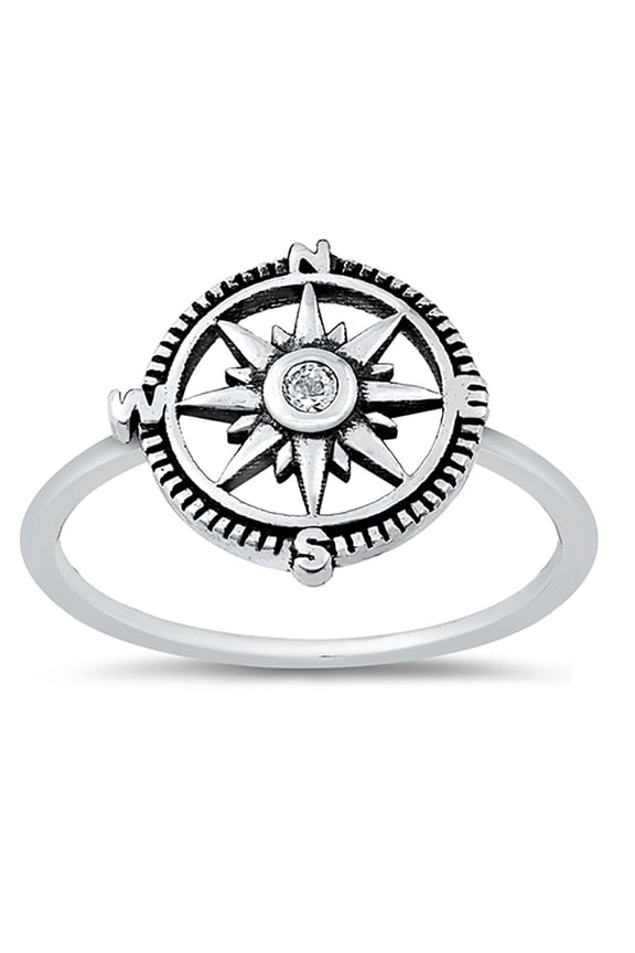 Bezel Clear Cubic Zirconia Compass Ring Oxidized Sterling Silver Size 5