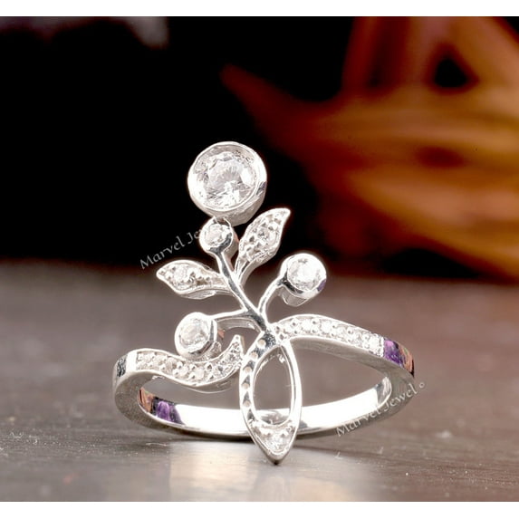 Bezel Cluster Diamond Ring, Leafy Floral Ring, Solitaire With Accents Diamond Ring, 2.2 Ct Simulated Diamond, 925 Sterling Silver, Anniversary Gift Ring For Wife