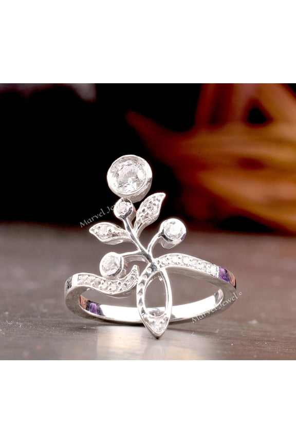 Bezel Cluster Diamond Ring, Leafy Floral Ring, Solitaire With Accents Diamond Ring, 2.2 Ct Simulated Diamond, 925 Sterling Silver, Anniversary Gift Ring For Wife