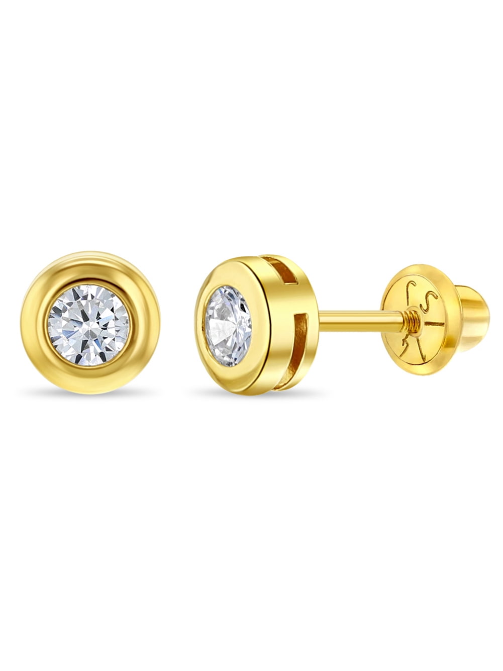 Bezel Cubic Zirconia Clear Toddler / Girls Earrings Safety Screw Back - 14k Gold
