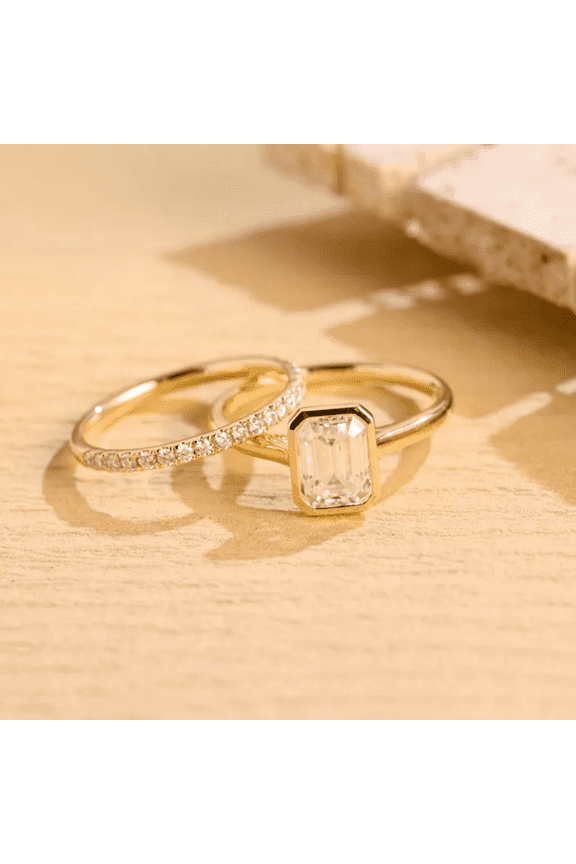 Bezel Emerald Cut Diamond Engagement Ring Set in 14K Yellow Gold Vermeil- Wedding Set Minimalist Promise Ring Bridal Set