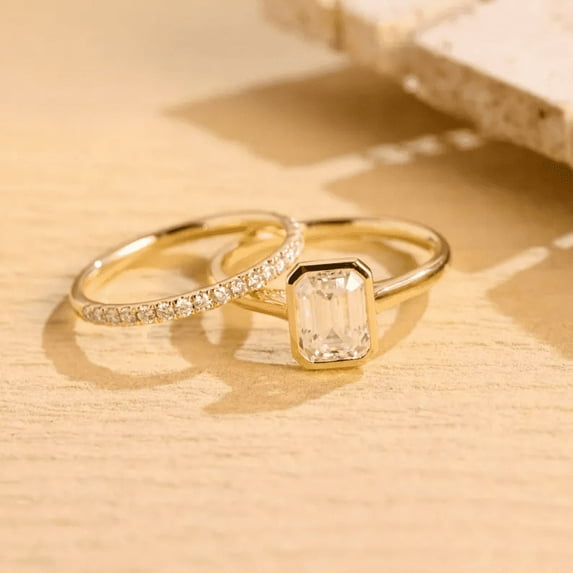 Bezel Emerald Cut Diamond Ring Set in 14K Yellow Gold Vermeil- Wedding Set Minimalist Promise Ring Bridal Set