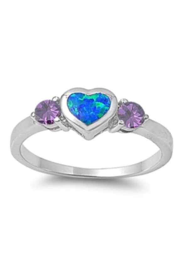 Bezel Heart Simulated Amethyst Cubic Zirconia Blue Simulated Opal Ring Sterling Silver Size 8