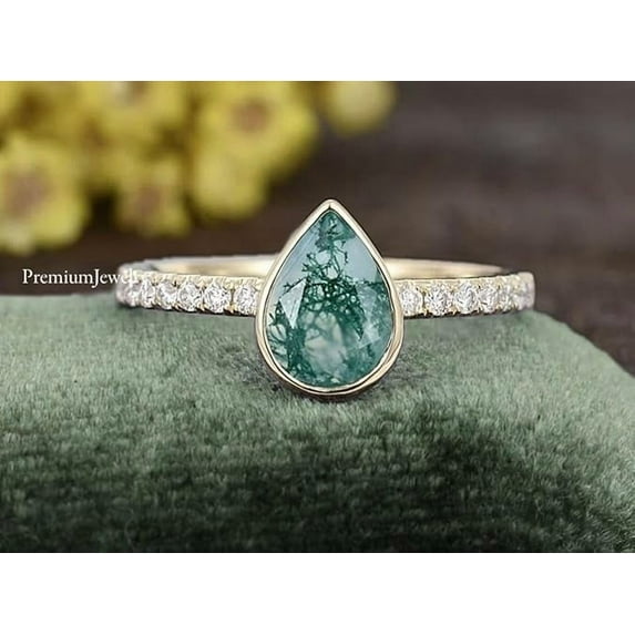 Bezel Natural Moss Agate 7x9mm Pear Shaped Promise Ring, Delicate Engagement Ring, Wedding Ring For Women, Best Christmas Gift Idea, Bridal Ring, Vintage Cz Ring, 925 Sterling Silver Ring