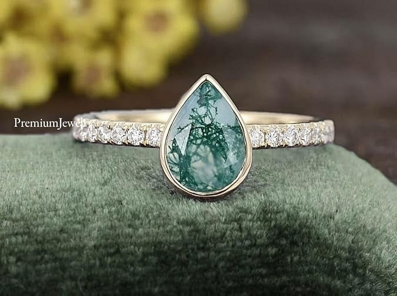 Bezel Natural Moss Agate 7x9mm Pear Shaped Promise Ring, Delicate Engagement Ring, Wedding Ring For Women, Best Christmas Gift Idea, Bridal Ring, Vintage Cz Ring, 925 Sterling Silver Ring