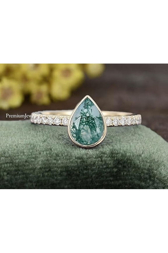 Bezel Natural Moss Agate 7x9mm Pear Shaped Promise Ring, Delicate Engagement Ring, Wedding Ring For Women, Best Christmas Gift Idea, Bridal Ring, Vintage Cz Ring, 925 Sterling Silver Ring