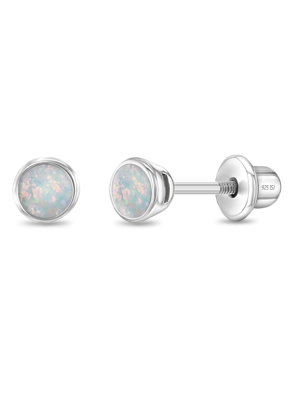 Bezel Opal Kids / Children's / Girls Earrings Screw Back - Sterling Silver