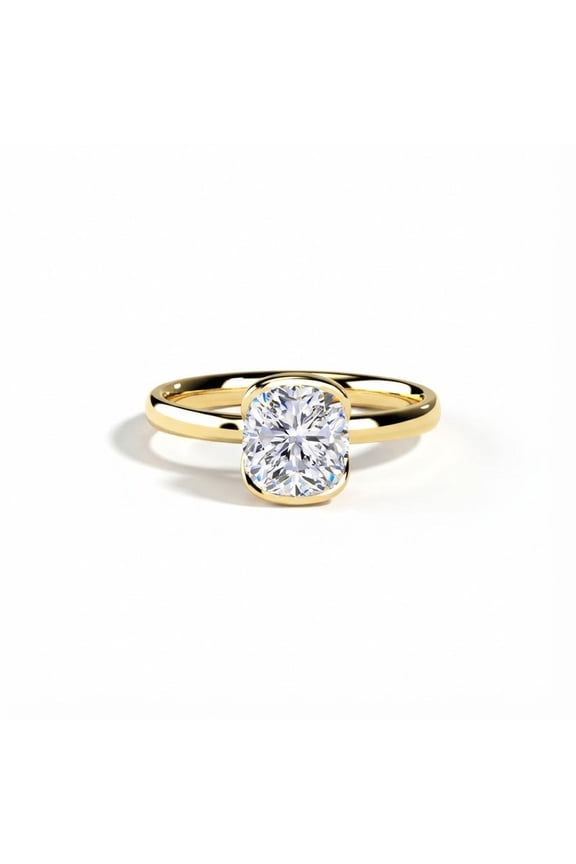 Bezel Set 1.5 Ct Cushion Cut Moissanite Engagement Ring 14k Yellow Gold Plated Modern Solitaire Minimalist Bridal Ring for Women