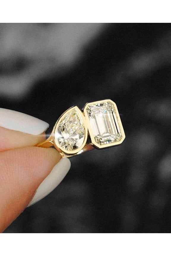 Bezel Set 3 Ct Pear & Emerald Lab Created Diamond Toi Moi Ring 14k Yellow Gold Plated