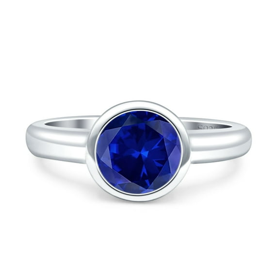 Bezel Set 6mm Round Ring Simulated Blue Sapphire CZ 925 Sterling Silver