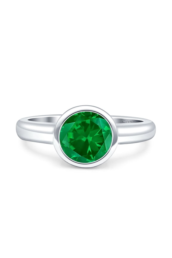 Bezel Set 6mm Round Ring Simulated Green Emerald CZ 925 Sterling Silver