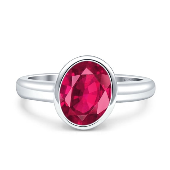 Bezel Set 8X6mm Oval Engagement Ring Simulated Ruby CZ 925 Sterling Silver