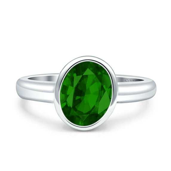 Bezel Set 8X6mm Oval Ring Simulated Green Emerald CZ 925 Sterling Silver