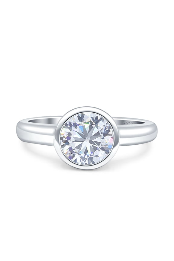 Bezel Set 8mm Round Engagement Ring Cubic Zirconia 925 Sterling Silver