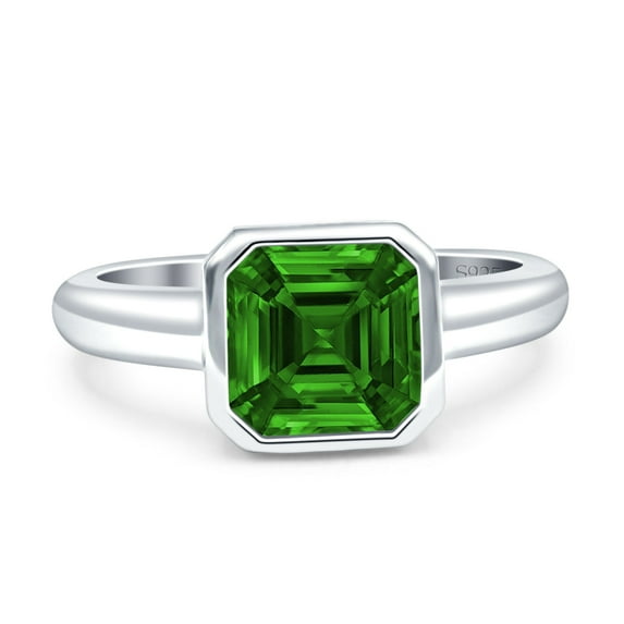Bezel Set 8mmX8mm Asscher Women Engagement Ring Simulated Green Emerald 925 Sterling Silver