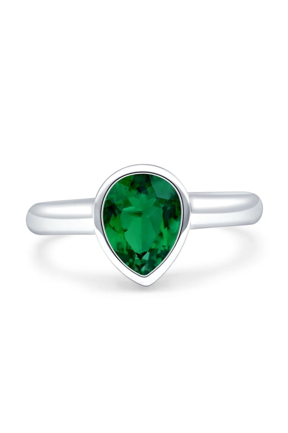 Bezel Set 9mmX6mm Pear Ring Simulated Green Emerald CZ 925 Sterling Silver