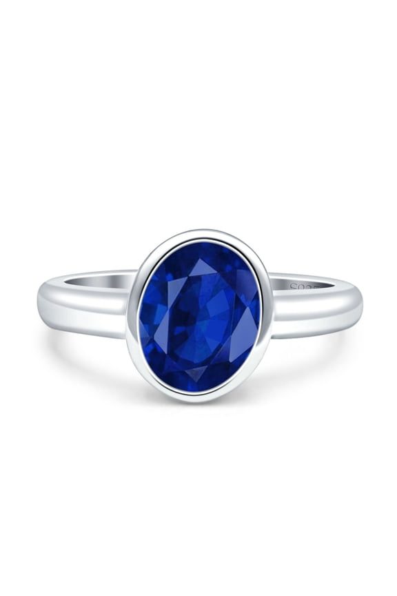 Bezel Set 9mmX7mm Oval Ring Simulated Blue Sapphire CZ 925 Sterling Silver
