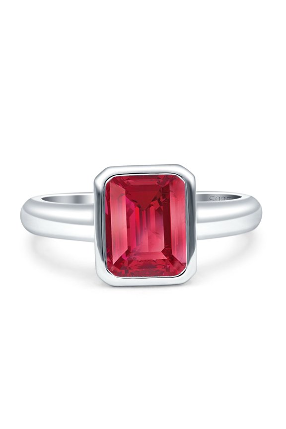 Bezel Set 9mmx7mm Emerald Ring Simulated Ruby CZ 925 Sterling Silver