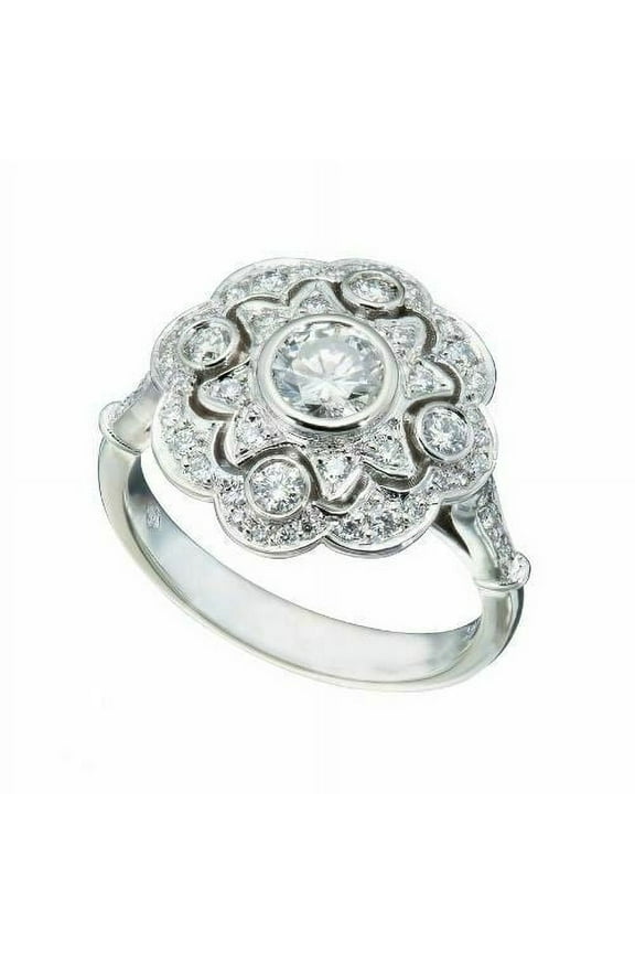 Bezel Set Art Deco Diamond Wedding Ring 2.0 Ct Diamond 14K White Gold Over