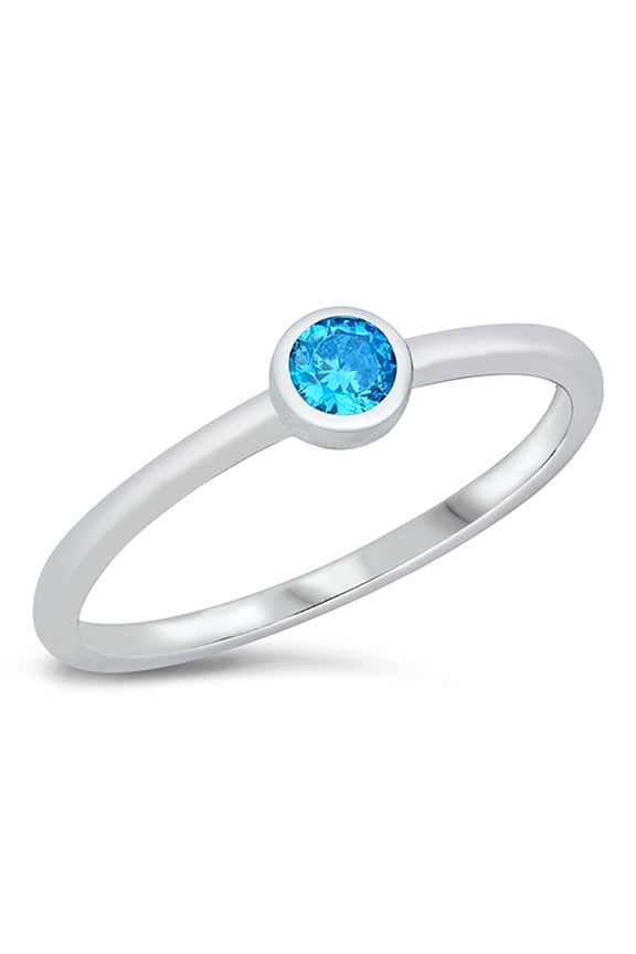 Bezel Set Blue Simulated Topaz Cubic Zirconia Round Solitaire Ring Sterling Silver Size 8
