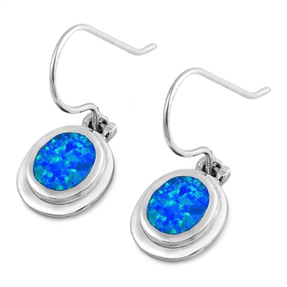 Bezel Set Blue Synthetic Opal Oval Shape Fishhook Earring Sterling Silver