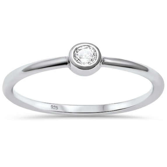 Bezel Set Clear CZ Single Stone Bridal Ring Sterling Silver Size 7