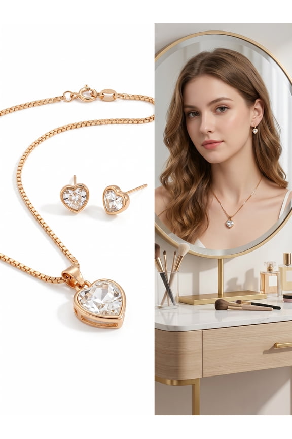 Bezel Set Clear Heart Crystal Jewelry Set, Gold Tone Box Chain Pendant Necklace & Dainty Drop Stud Earrings Matching Set for Women