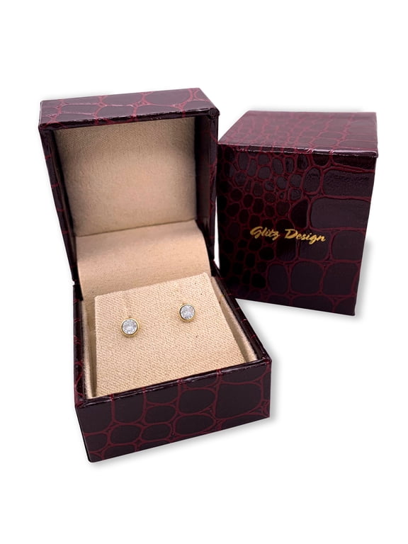 Bezel Set Cubic Zirconia 10K Solid Yellow Gold Earrings Screw on Posts Glitz Design.