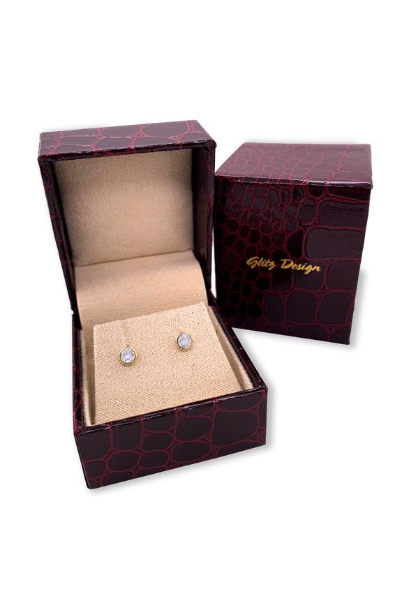 Bezel Set Cubic Zirconia 10K Solid Yellow Gold Earrings Screw on Posts Glitz Design.