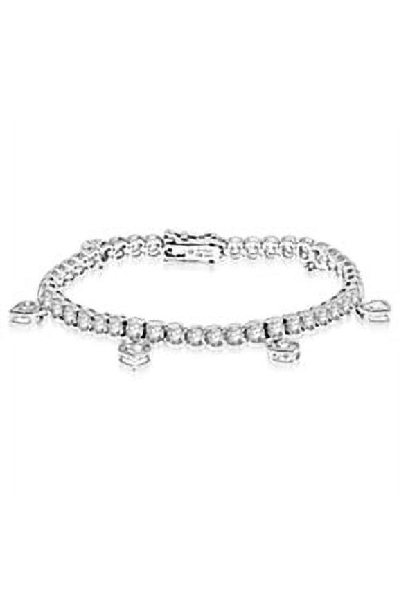 Bezel Set Designer Bracelet with Simulated Heart Dangles and Round Brilliant Diamonds by Diamond Essence set in 14K Solid White Gold