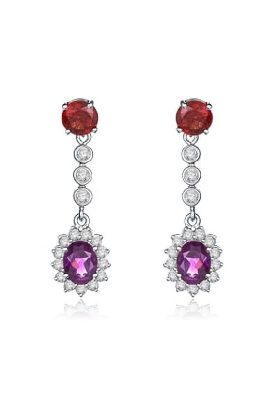 Bezel Set Designer Earrings with Oval Cut Amethyst with Round Cut Garnet and Brilliant Melee Diamonds by Diamond Essence set in 14K White Gold